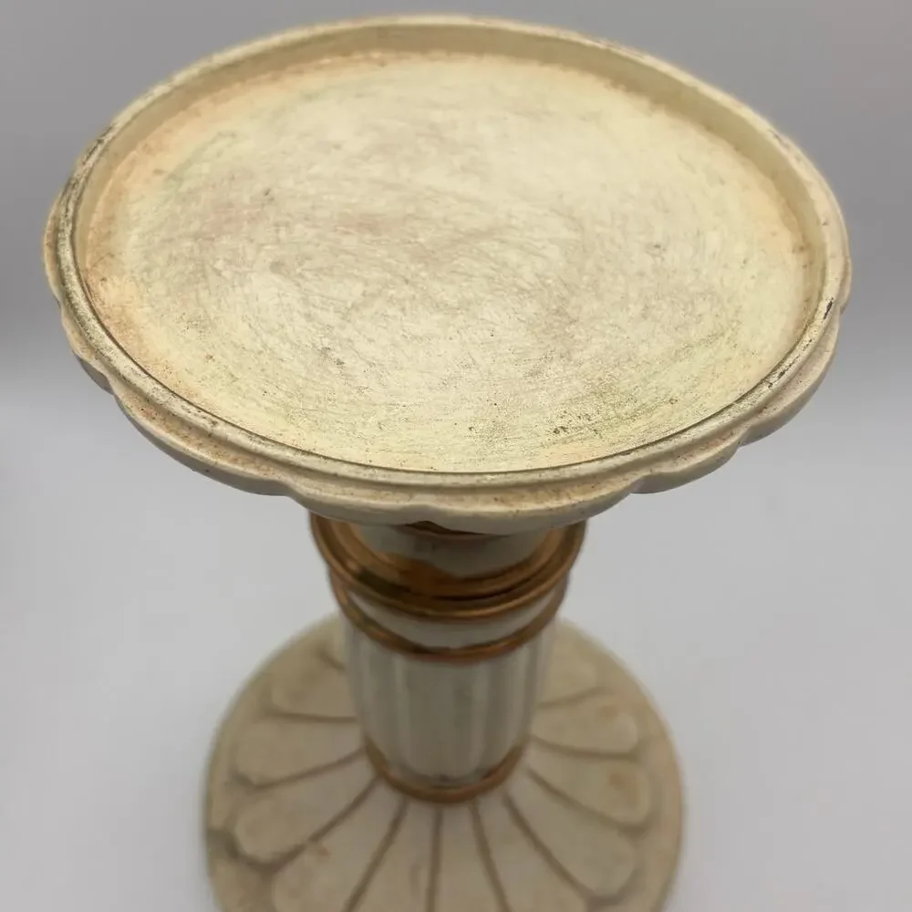 Cream and gold colored pillar candle pedestal French cottagecore VTG distressed